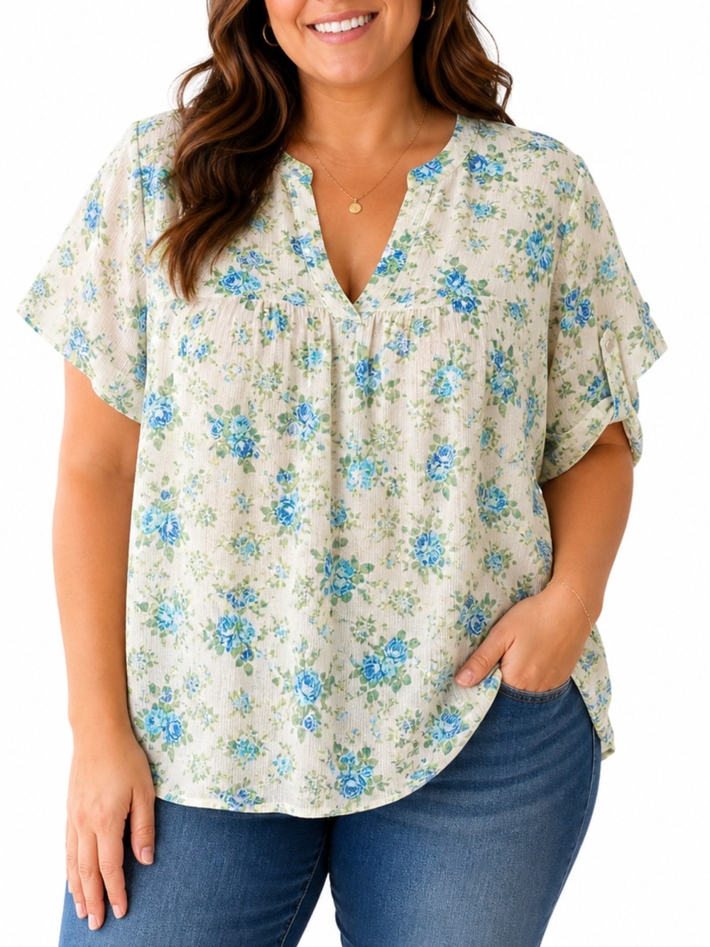 Bobbie Brooks Cream Floral V-Neck Blouse with Blue‎ Print